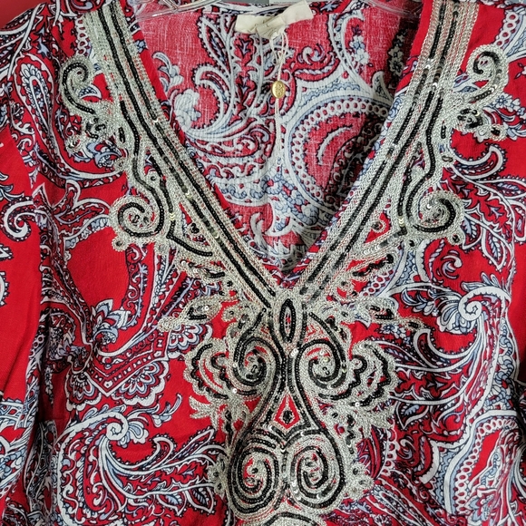 Linen Charter Club Luxury Red blouse size L sequin embroidered Valentines - Picture 7 of 8